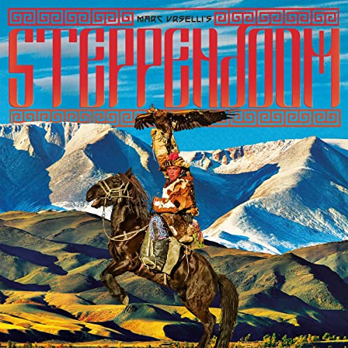 Vinyl album cover: horseman with eagle, mountains, and geometric border.