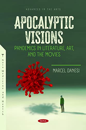 Book cover: "Apocalyptic Visions" with a virus illustration and lone figure.