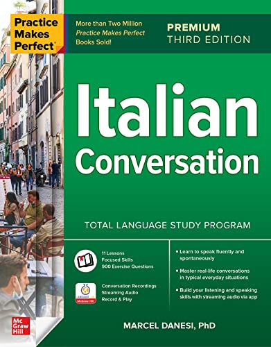 Green and yellow "Practice Makes Perfect: Italian Conversation" textbook cover.