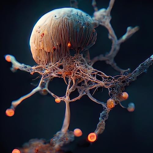 Abstract, bioluminescent fungal growth with branching, root-like structures.
