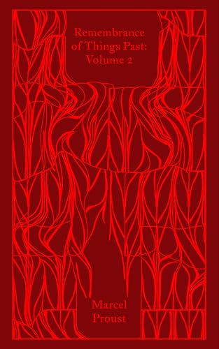 Red book cover with abstract line patterns and text Remembrance of Things Past Volume 2.