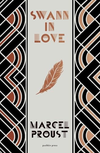 Book cover for Swann in Love by Marcel Proust with a feather illustration.