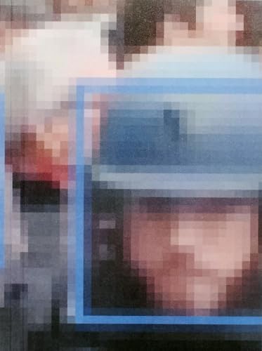 Pixelated faces viewed through blue rectangular frames, book cover.