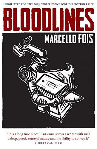 Book cover: "Bloodlines" by Marcello Fois, with illustration of a judge and books.