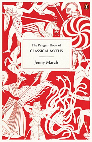Red book cover with white line drawings of classical mythological scenes.