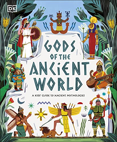 Book cover illustration featuring various ancient deities surrounded by lush, stylized jungle foliage.
