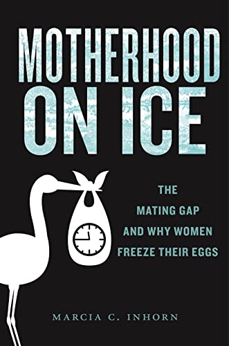Book cover: "Motherhood on Ice" with a stork carrying an egg timer.
