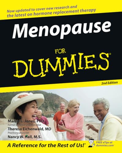 Book cover: "Menopause For Dummies," 2nd Edition, with people on a beach.