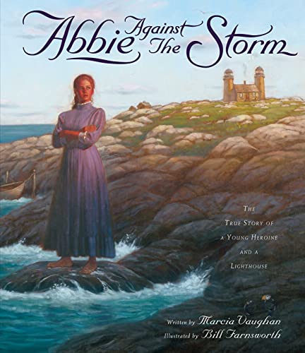 Book cover: young woman stands near a rocky coast and lighthouse.
