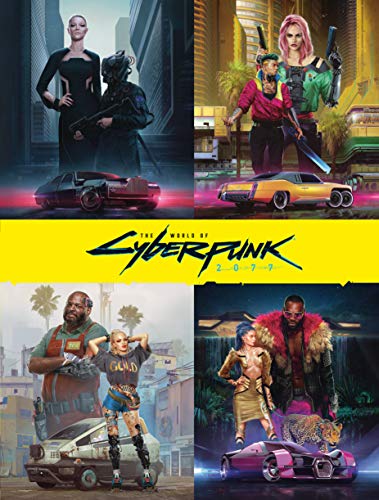 “The World of Cyberpunk 2077” book cover featuring diverse characters and futuristic vehicles.