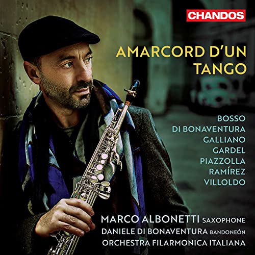 CD cover: Marco Albonetti with saxophone, titled "Amarcord DUn Tango".