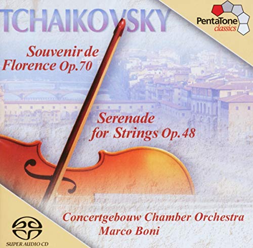CD cover featuring violin and Florence cityscape, Tchaikovsky's Serenade & Souvenir.