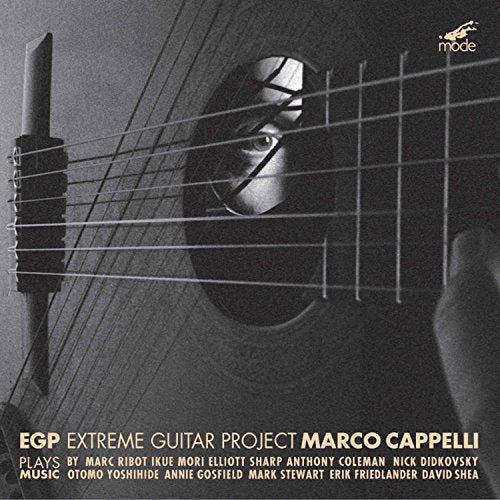 CD cover: black and white portrait behind guitar strings, text details.