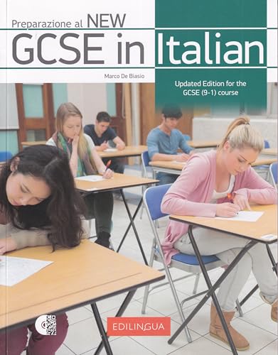 Textbook cover titled Preparazione al NEW GCSE in Italian showing students working at desks.
