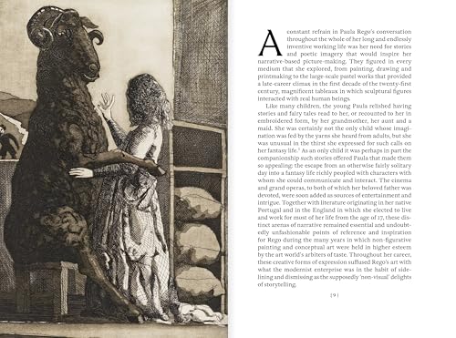 Black and white illustration of a girl facing a large, horned figure.
