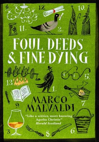 Green book cover with illustrations of objects related to mystery and death.