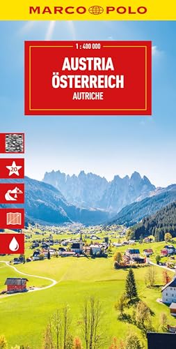 Marco Polo road map of Austria featuring a scenic mountain village landscape.