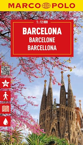 Barcelona city map cover featuring the Sagrada Família and pink blossoms.