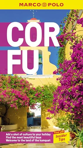 Marco Polo travel guide for Corfu featuring a yellow building and vibrant purple flowers.