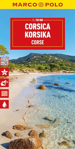 Marco Polo map cover featuring a sandy beach, clear blue water, and Corsica mountains.