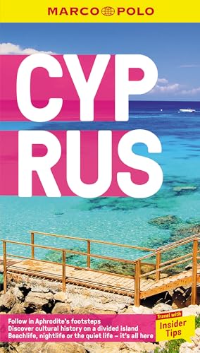 Cyprus travel guide cover with large white text over a coastal scene.