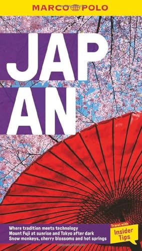 Marco Polo travel guide for Japan featuring cherry blossoms and a red paper umbrella.