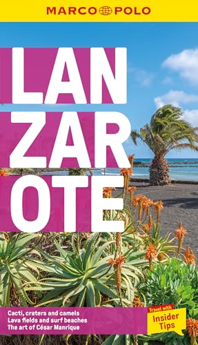 Marco Polo Lanzarote travel guide cover featuring aloe plants, a palm tree, and beach.