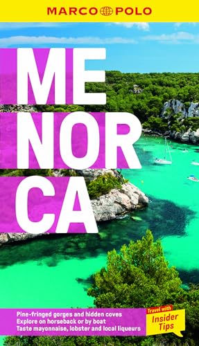Menorca travel guide cover with turquoise water, rocks, and large white text.
