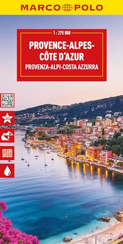Red and yellow Provence, Alps, Cote d'Azur travel map with coastal view.