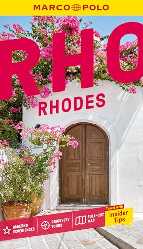 Rhodes Marco Polo travel guide cover featuring a wooden door and pink bougainvillea flowers.