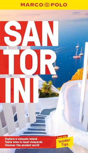 Marco Polo Santorini travel guide featuring white stairs overlooking the sea with sailboats.