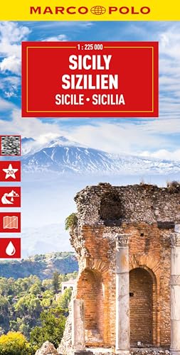 Red Sicily map cover with Mount Etna and ancient ruins pictured.