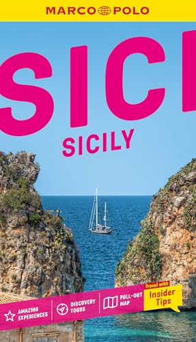 Sicily travel guide cover with coastal scene and large pink text.