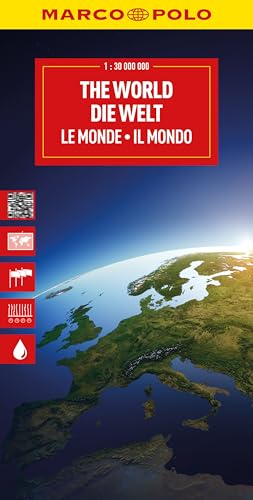 Folded world map cover with Earth view and multilingual title.