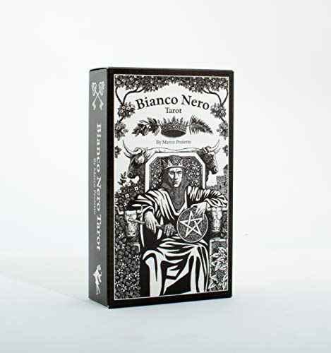Black and white tarot deck box with ornate illustration of a figure.