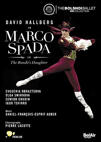 Ballet dancer in maroon costume with hat, leaping mid-air on black background.