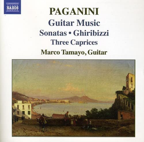 CD cover featuring text Paganini Guitar Music and a painting of a coastal town.