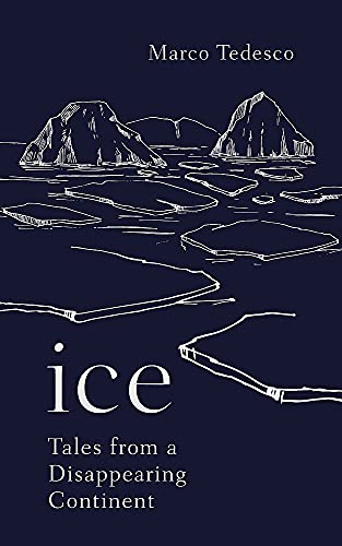 Book cover with white line drawing of ice, mountains, and text.