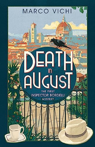 Book cover showing a Florence cityscape, a black crow, a coffee cup, and hat.