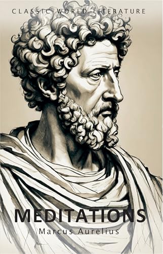 Book cover of Meditations by Marcus Aurelius featuring a sketch of a Roman man.