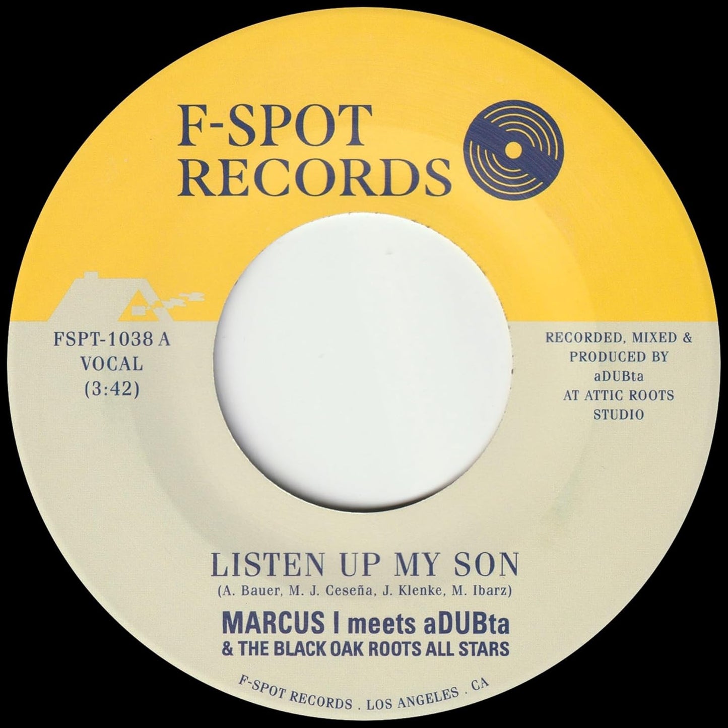 Yellow vinyl record label with blue center, text reading "Listen Up My Son".