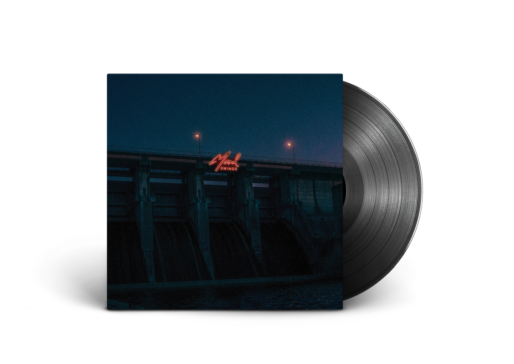 Marcus King’s “Mood Swings” vinyl record with a dark, neon-lit bridge cover.