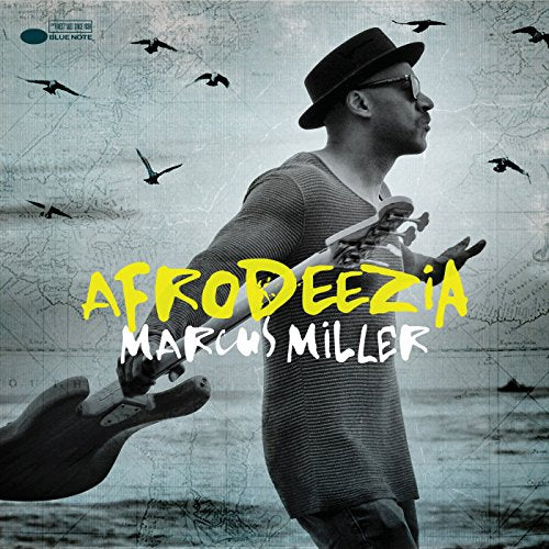 Marcus Miller “Afrodeezia” CD cover with artist, birds, and map background.