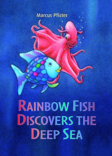 Colorful fish swims amidst deep sea creatures and coral, in a children's book illustration.