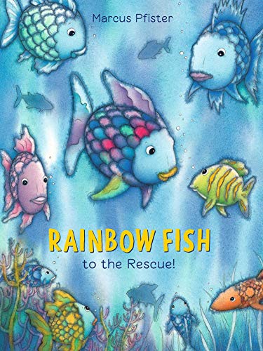 Colorful Rainbow Fish swims amongst other fish in a blue ocean scene.