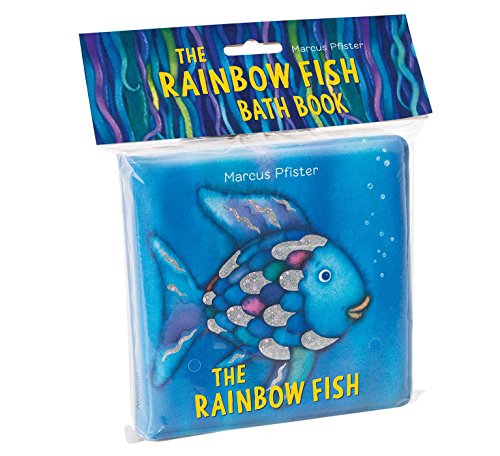 The Rainbow Fish Bath Book in clear plastic packaging with a blue fish illustration.