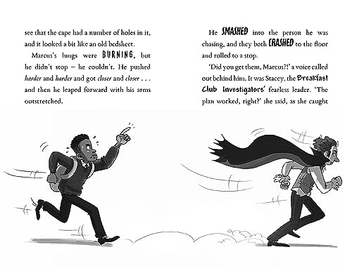 Black and white illustration of two children in a chase scene.