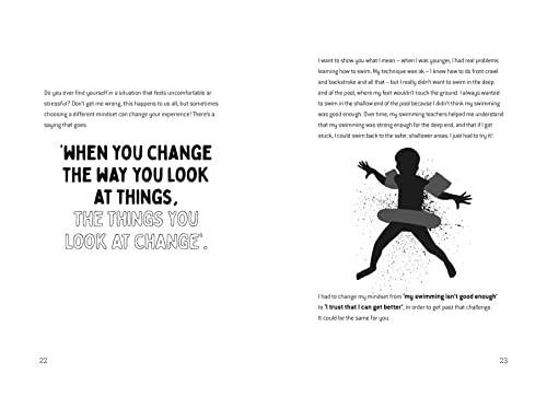Open book page with illustration of a figure struggling in water.