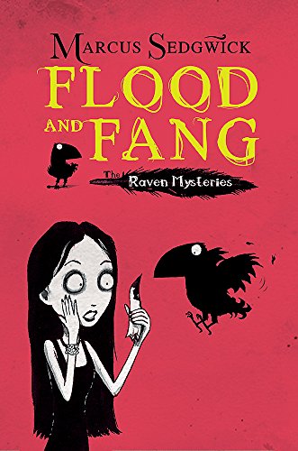 Book cover: startled girl, raven, and gold title on red background.