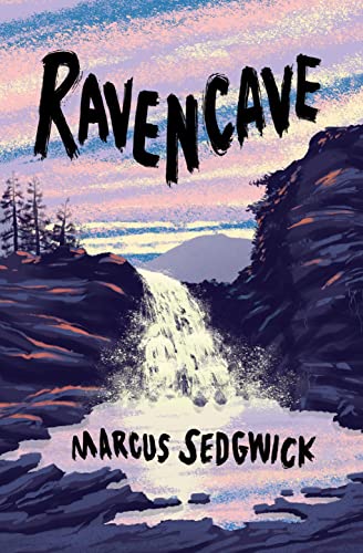 Book cover: "Ravencave" with a waterfall and mountainous landscape.